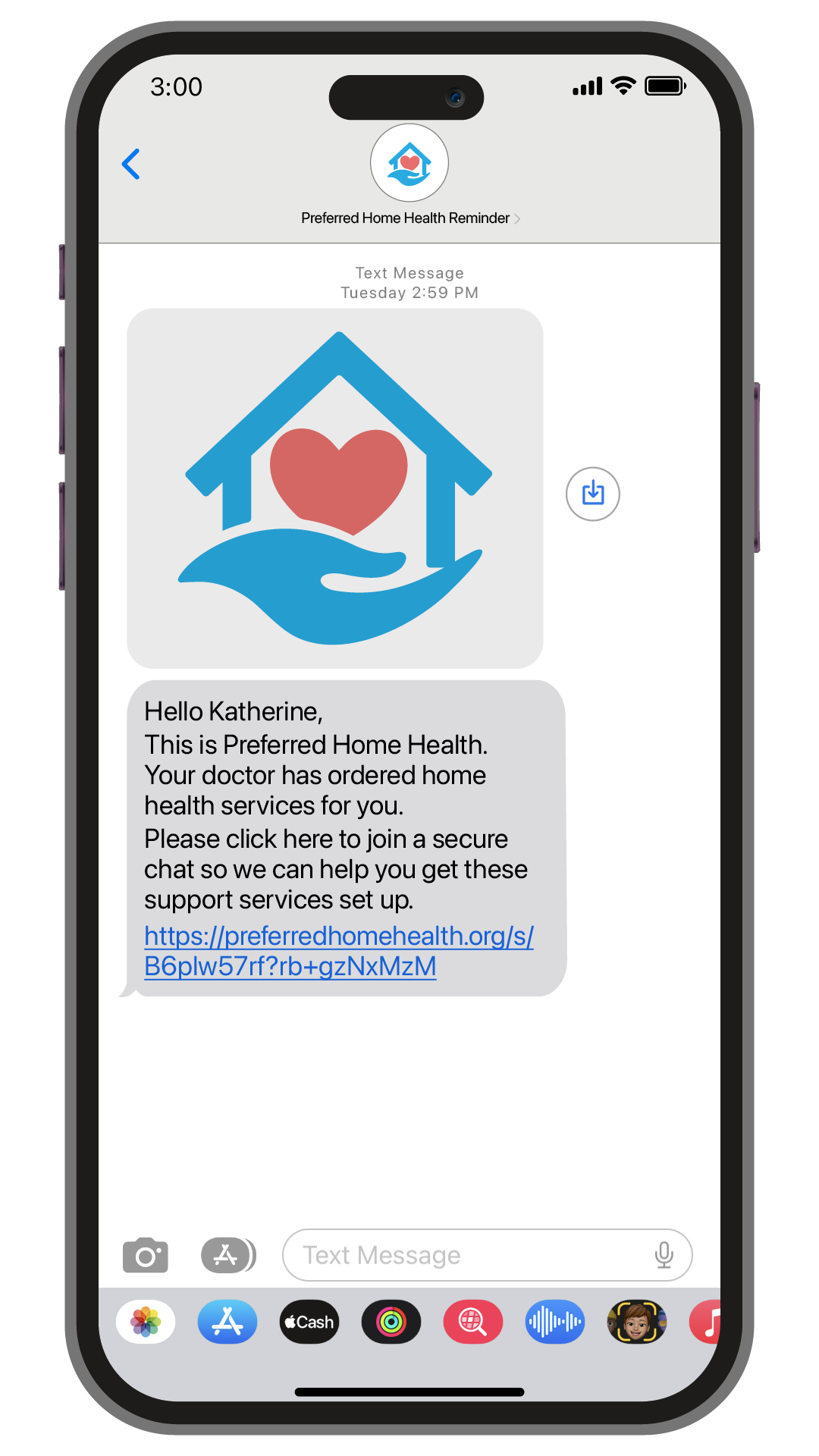 Screenshot of a text message with MMS image sent to a patient.