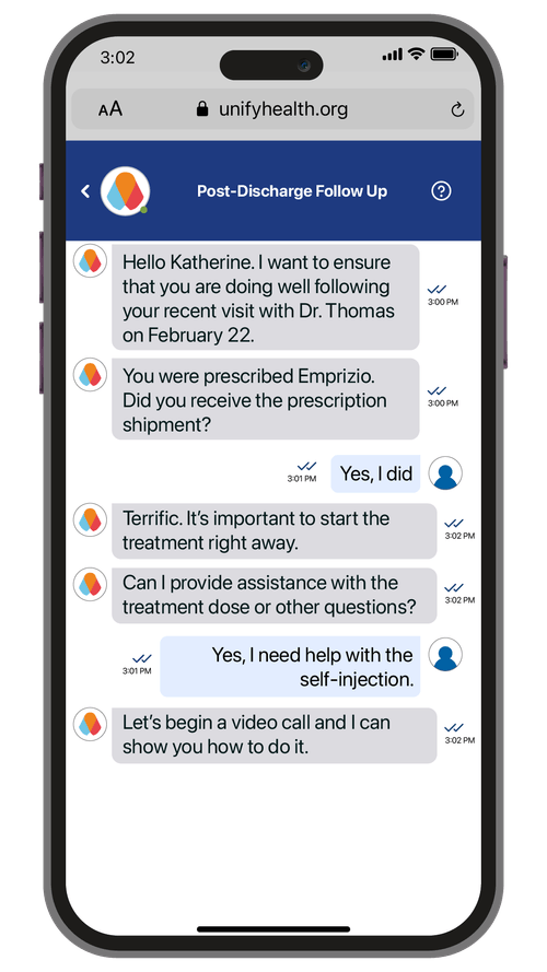Screenshot of a healthcare chatbot conversing with a patient following their discharge from a hospital