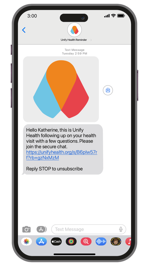 Image of a HIPAA-compliant healthcare chatbot being delivered via SMS texting using a secure link