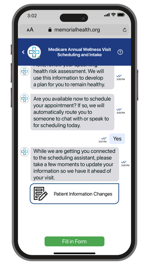 Image of a healthcare chatbot interacting with a patient via mobile device.