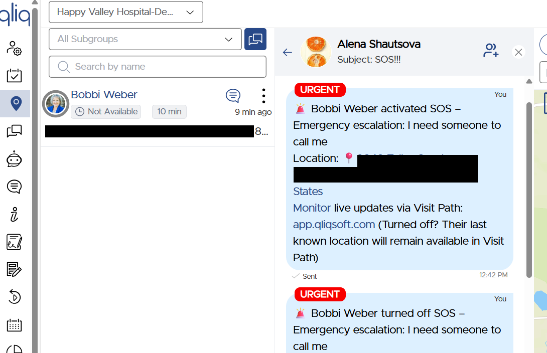 SOS alert view in the Visit Path desktop app
