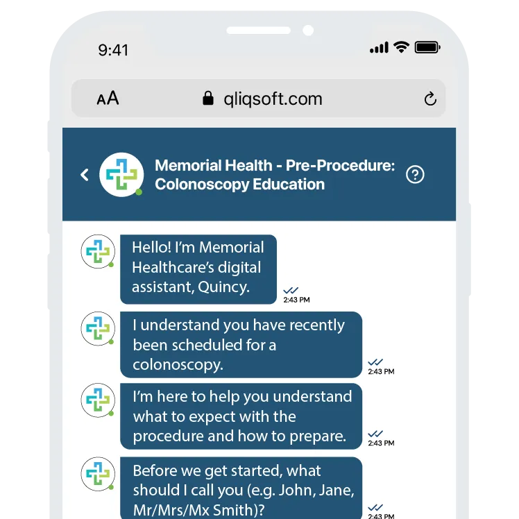 Phone mockup of a hospital's digital assistant, Quincy, greeting a patient who has been scheduled for a colonoscopy and offering to explain the procedure and how to prepare
