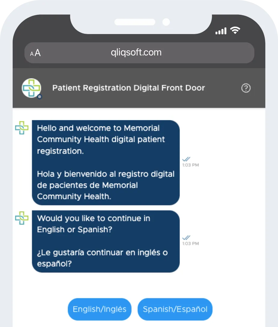 Phone mockup of a Patient Registration Digital Front Door chat welcoming a patient in English and Spanish and asking which language to continue in