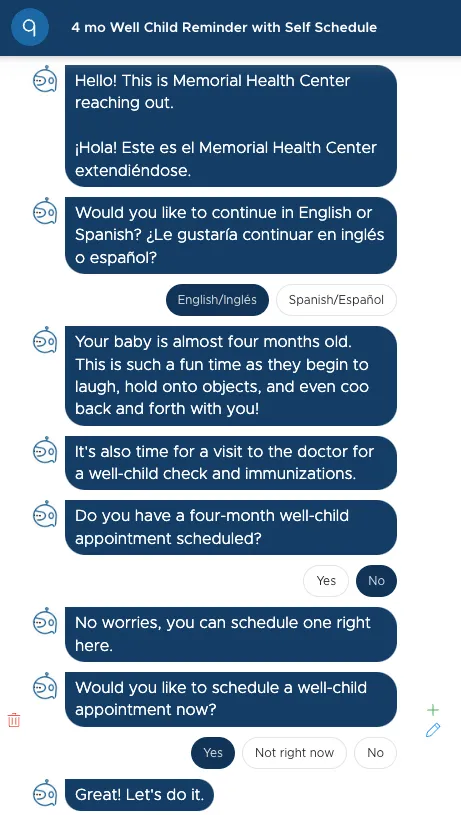 The same four-month well-child reminder as the parent sees it: a bilingual chat that asks whether an appointment is scheduled and offers Yes, Not right now, and No buttons
