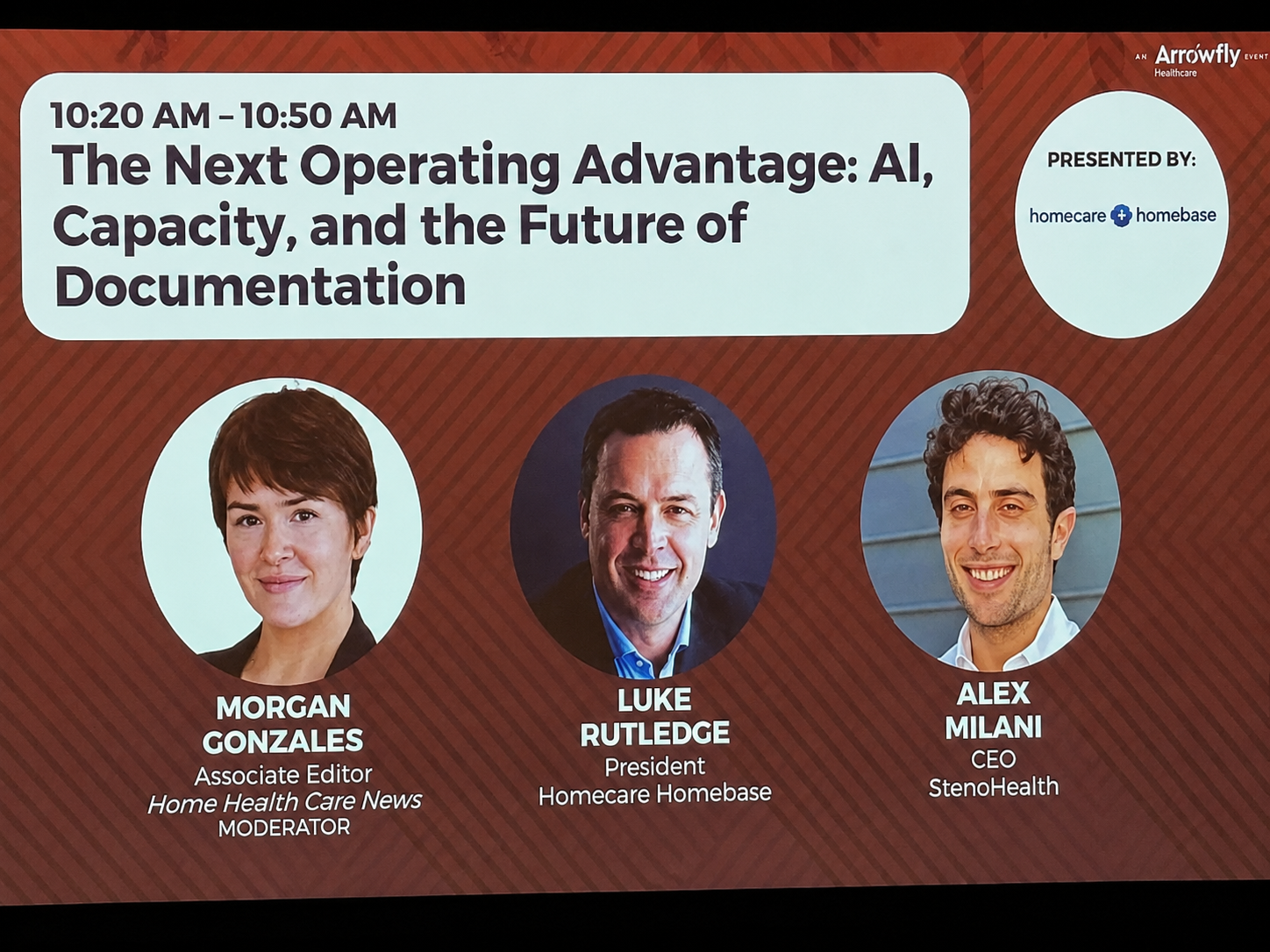 Title slide for the session The Next Operating Advantage: AI, Capacity, and the Future of Documentation, listing panelists Morgan Gonzales, Luke Rutledge and Alex Milani